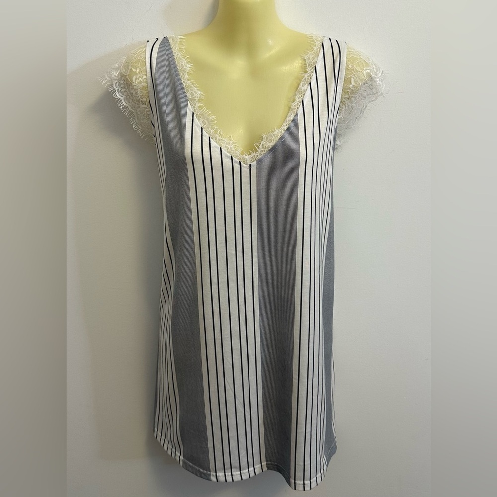 Poetsky Striped Sleeveless Top with Lace Trim